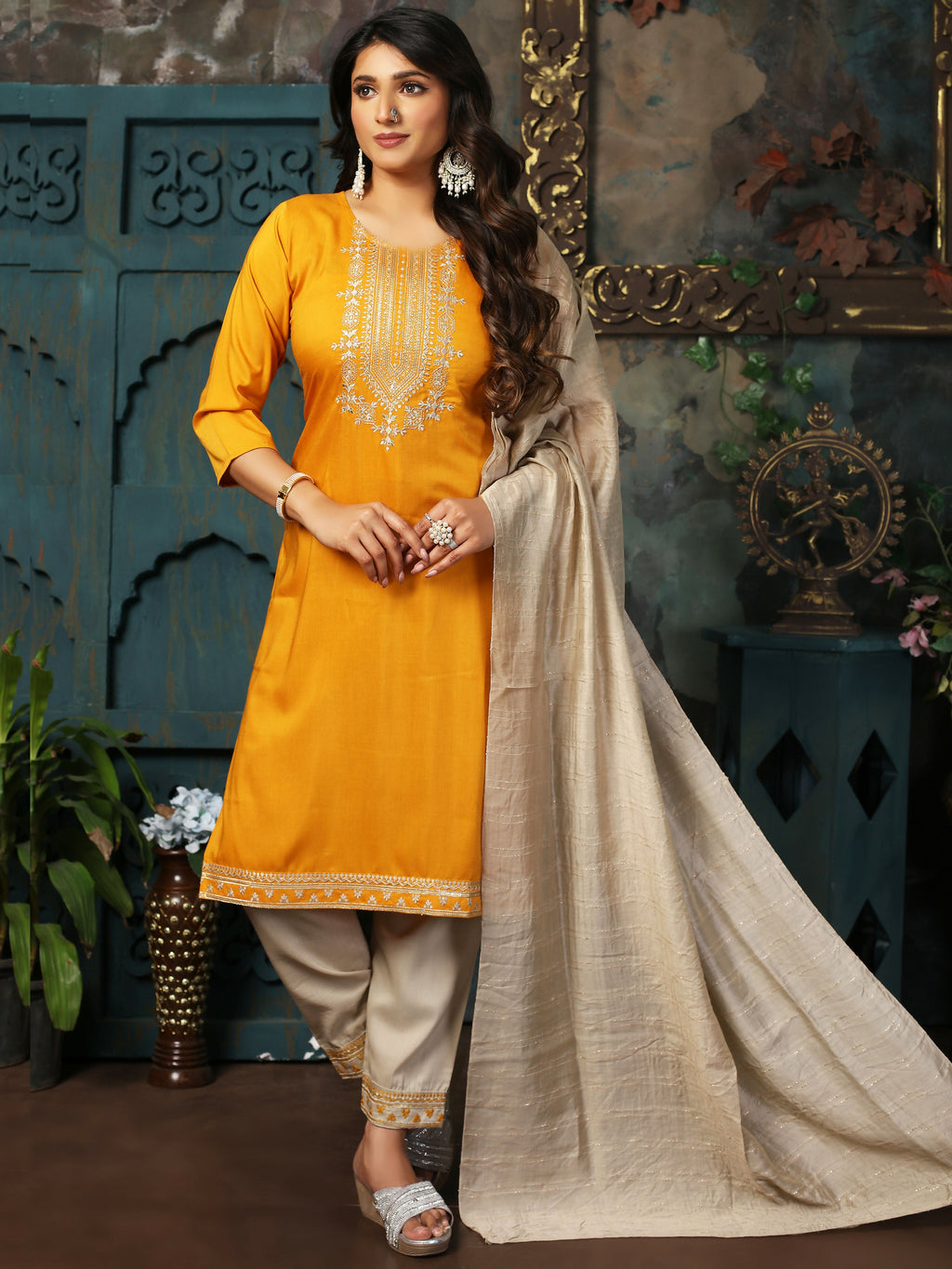 Vamika Chinon Embroidery Mustard Party Wear/Casual Wear/Office Wear Kurta Set/Suit | Grocsy