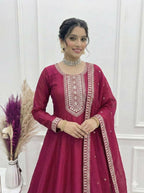 The52 Women's Gorgeous Embroidery Work Vichitra SIlk Fabric Flared Anarkali Dupatta Set | Grocsy