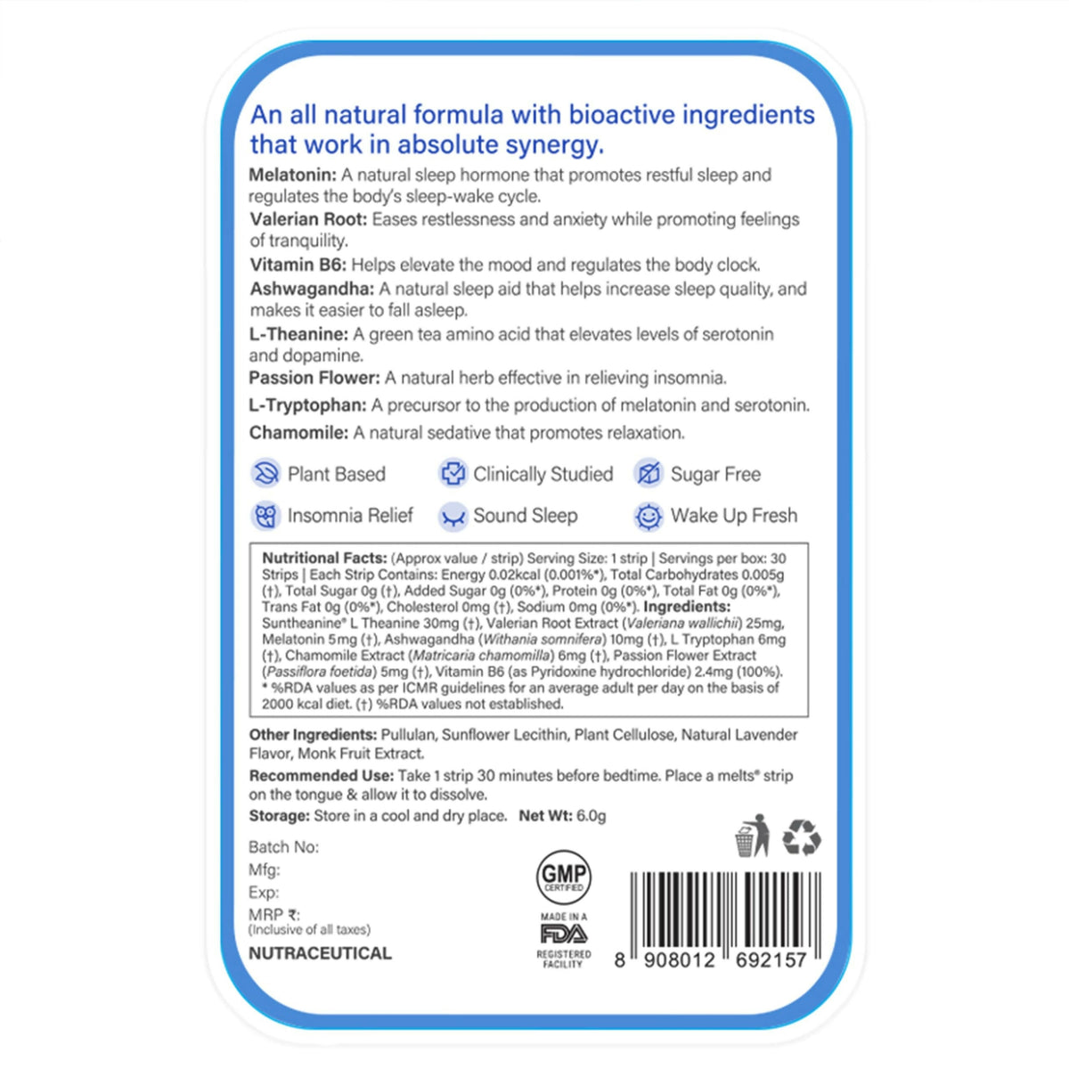 Wellbeing Nutrition Melts Restful Sleep Plant Based Oral Thin Strips - Calming Chamomile Lavender Flavor | Grocsy