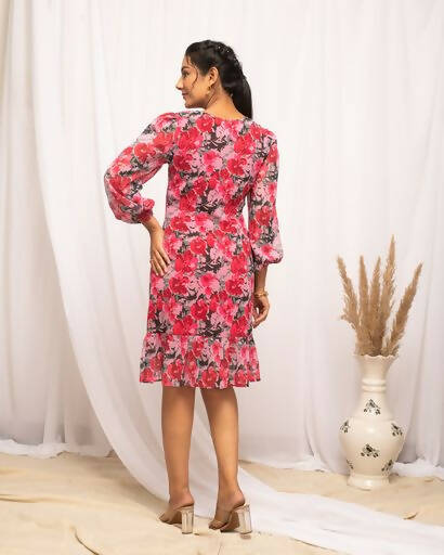 FIORRA Women's Red & Pink Georgette Floral Printed Western Dress | Grocsy
