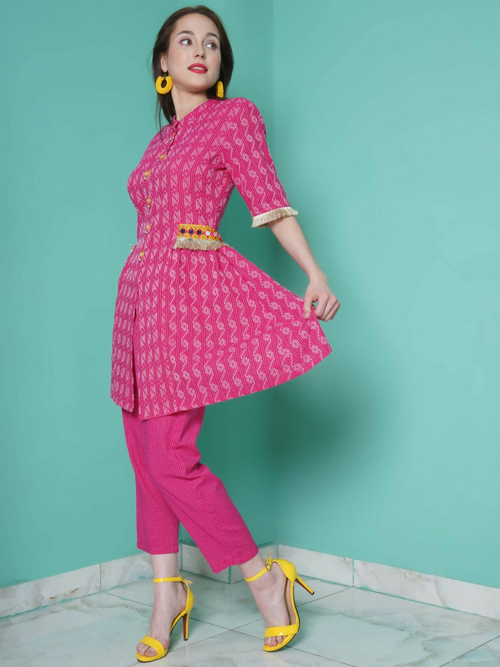 Women Republic Pink Cotton Kantha Kurta Set | Grocsy