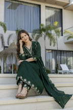 The52 Women's Beautiful Embroidery Work Vichitra Silk Fabric Flared Anarkali Pant and Dupatta Set | Grocsy