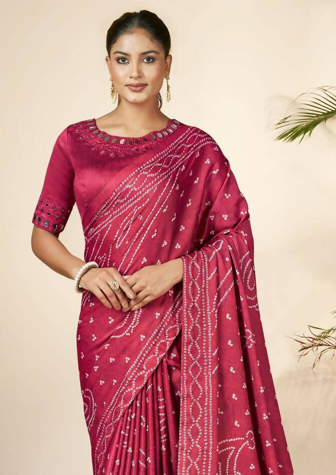 Pink Gajji Silk Bandhani Print with Mirror hand work Saree - Norita Nirvi | Grocsy