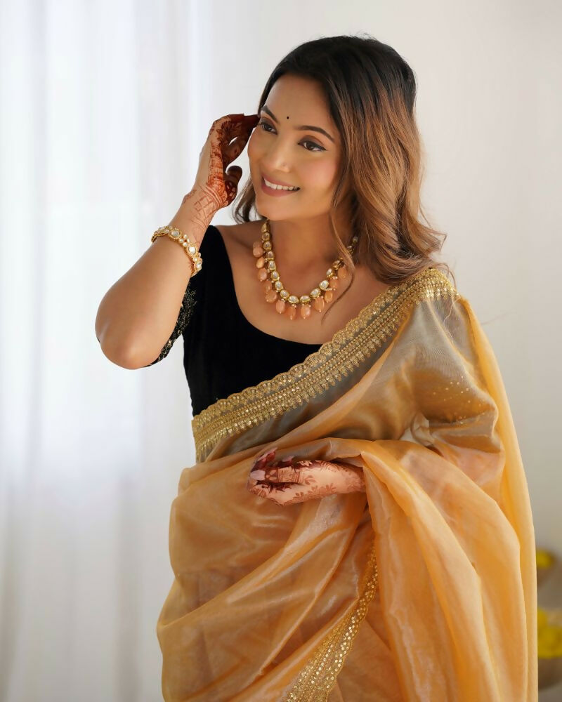 Attrctive Looking Gold Jari, Sequance Embroidery Work Twill Net Party Wear Saree - Gold | Grocsy