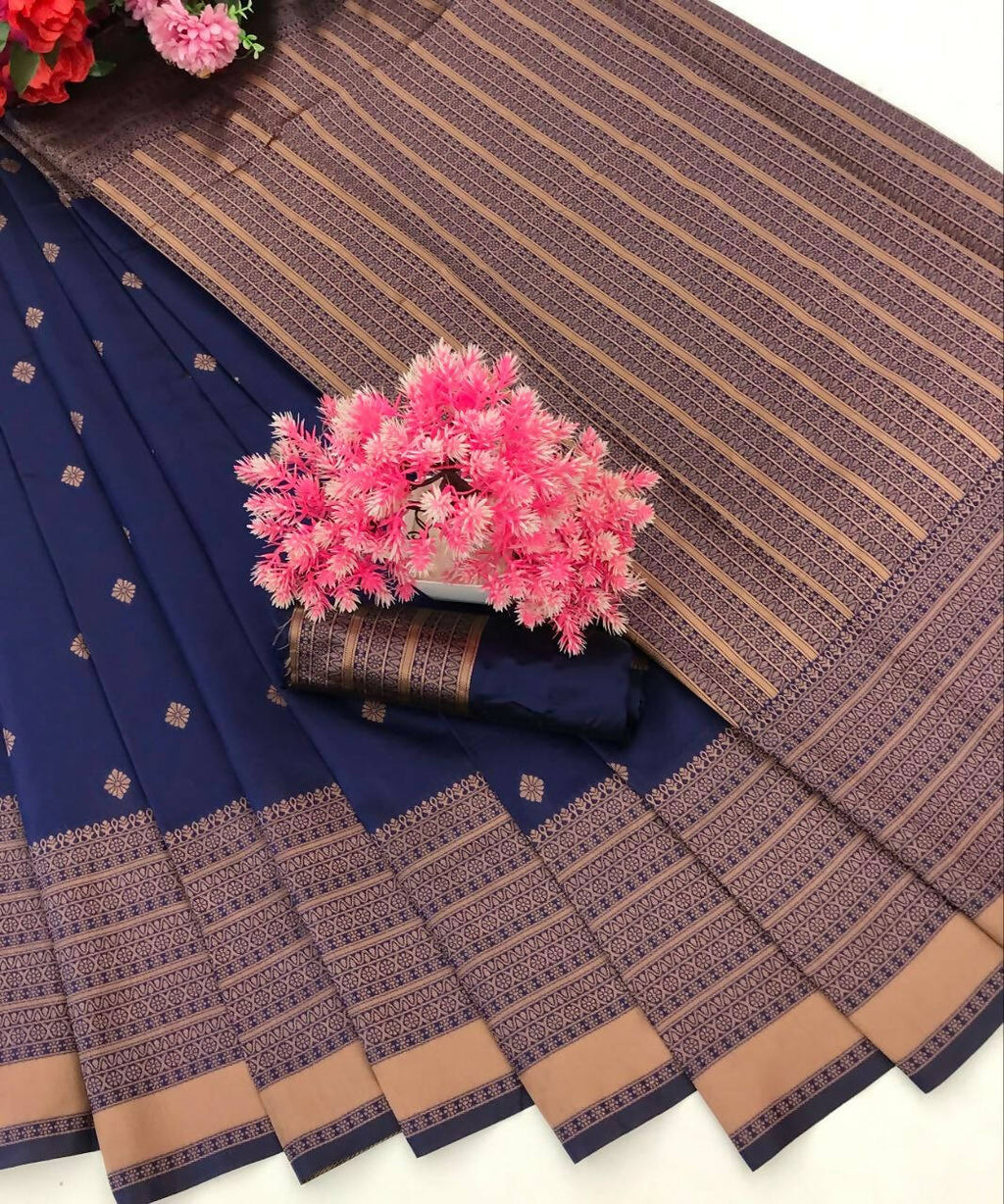 DEIANA'S Beautiful Designer Golden zari Soft Lichi Silk Saree - Navy Blue | Grocsy