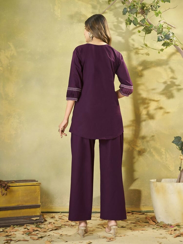 Teeya Creation Wine Embroidered Cotton Co-ord Set for Women | Grocsy