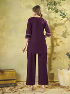 Teeya Creation Wine Embroidered Cotton Co-ord Set for Women | Grocsy