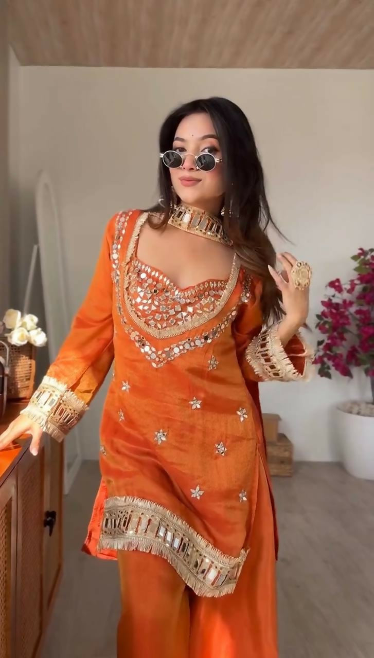 Teeya Creation New Trendy Stylish Real Mirror Work With Lace Border Orange Kurta Set | Grocsy