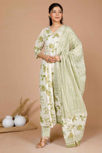 Miravan Women's Green Printed Anarkali Kurta With Palazzo And Dupatta | Grocsy