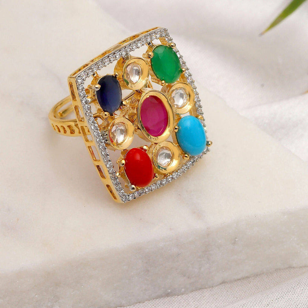 Navratan Kundan Ring (Multi Color) - Ruby Raang | Grocsy