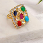 Navratan Kundan Ring (Multi Color) - Ruby Raang | Grocsy