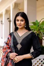 The52 Black Women's Beautiful Viscose Chanderi Fabric Embroidered Work Straight Kurta Pant and Dupatta Set | Grocsy