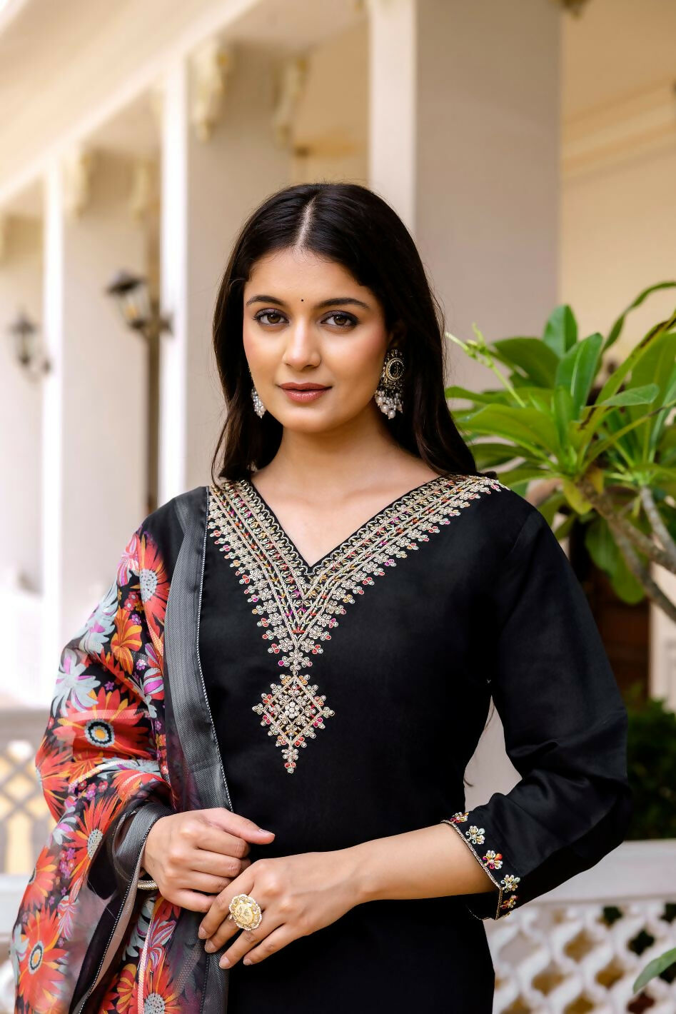 The52 Black Women's Beautiful Viscose Chanderi Fabric Embroidered Work Straight Kurta Pant and Dupatta Set | Grocsy