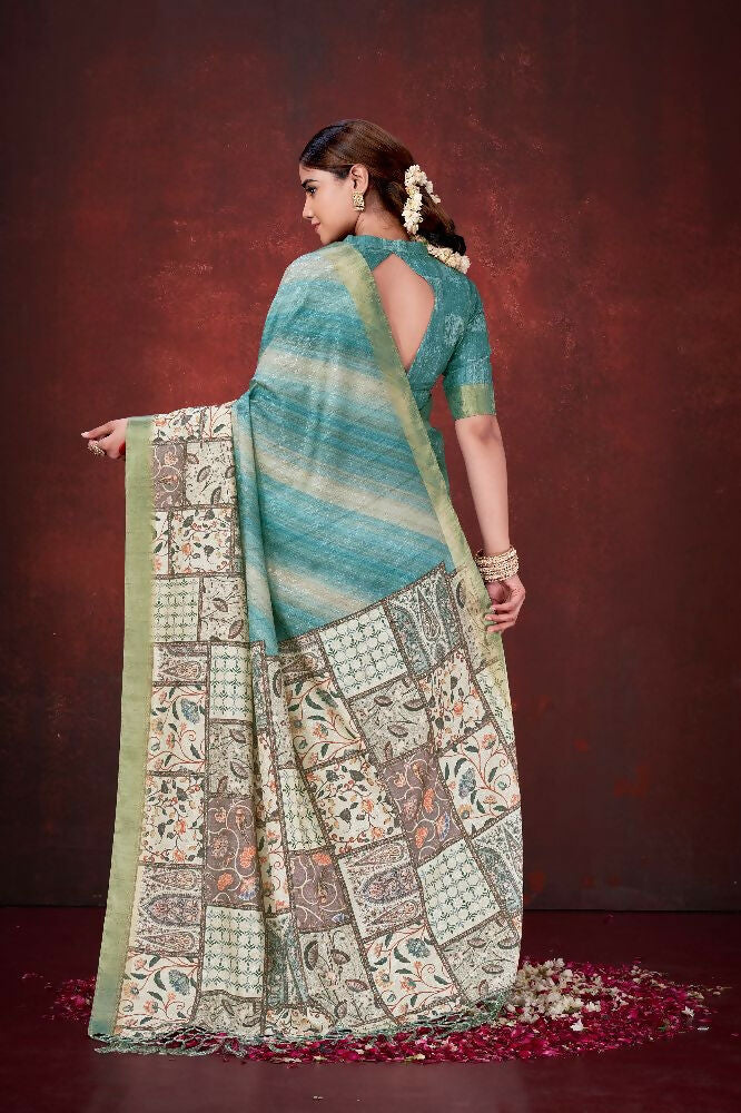 Sky Blue Poly Habotai Silk Foil Print Saree with Unstitched Blouse - Kathari | Grocsy