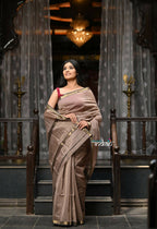 Very Much Indian VMI Exclusive Designer! Handloom Cotton Silk Saree With Sleek Golden Border - Warm Taupe | Grocsy