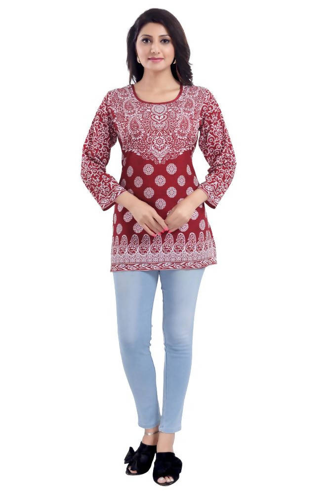 Snehal Creations Rust Faux Crepe Short Kurti Tunic | Grocsy