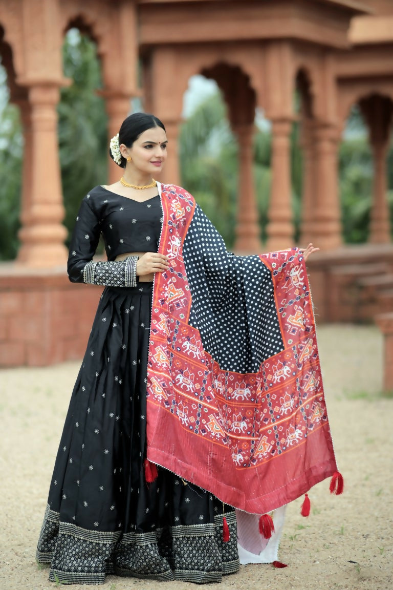Vastranavya Navaratri Collection Myra Silk Lehenga & Blouse With Maslin Crochet Printed Dupatta Set - Black | Grocsy