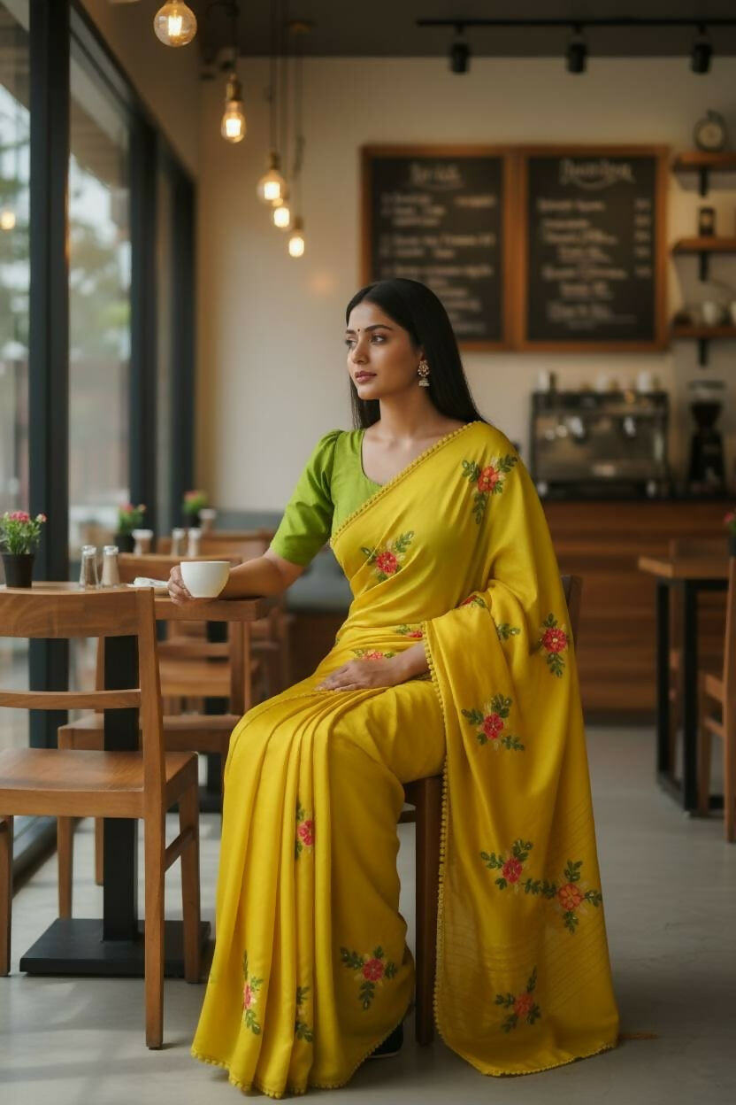 Teeya Creation Yellow Rangoli Silk Embroidery Work Party Wear Designer Saree | Grocsy