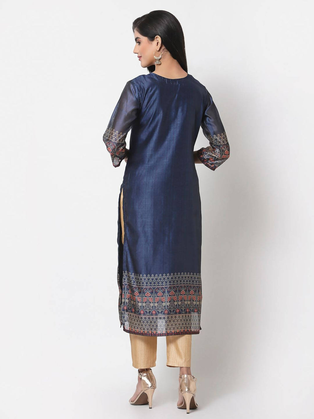 Myshka Navy Blue Printed Chanderi Silk 3/4 Sleeve Round Neck Casual Kurta | Grocsy