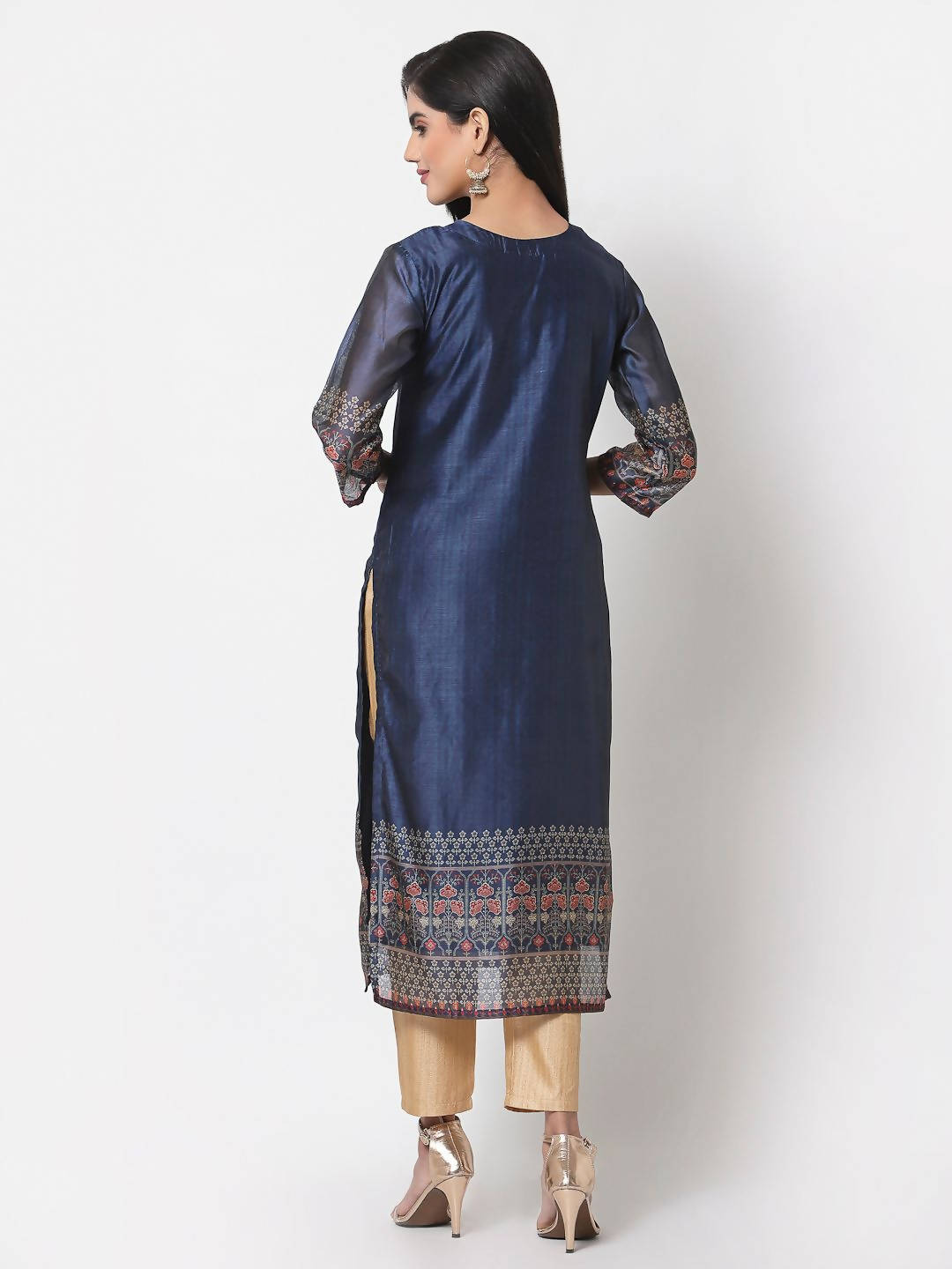 Myshka Navy Blue Printed Chanderi Silk 3/4 Sleeve Round Neck Casual Kurta | Grocsy