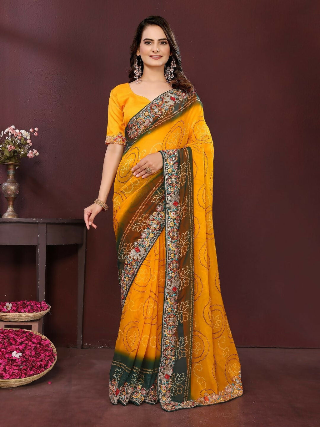 Ai Fashion Yellow Georgette Digital Print Party Wear Saree | Grocsy