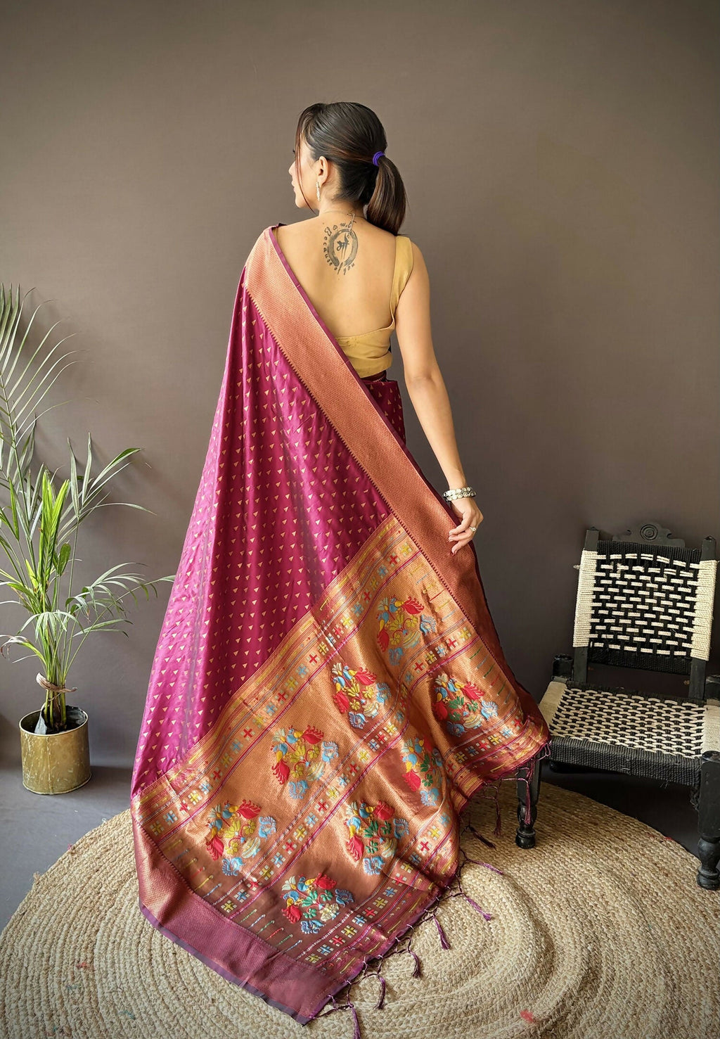 Joban Fashion Maroon Jacquard Butti Soft Lichi Silk Paithani Saree | Grocsy