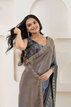 Grey Satin Pedding Designer, Printed Party Wear Ready To Wear Saree - Femina | Grocsy