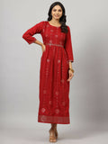 Juniper Women's Maroon Festive Printed Flared Dress | Grocsy
