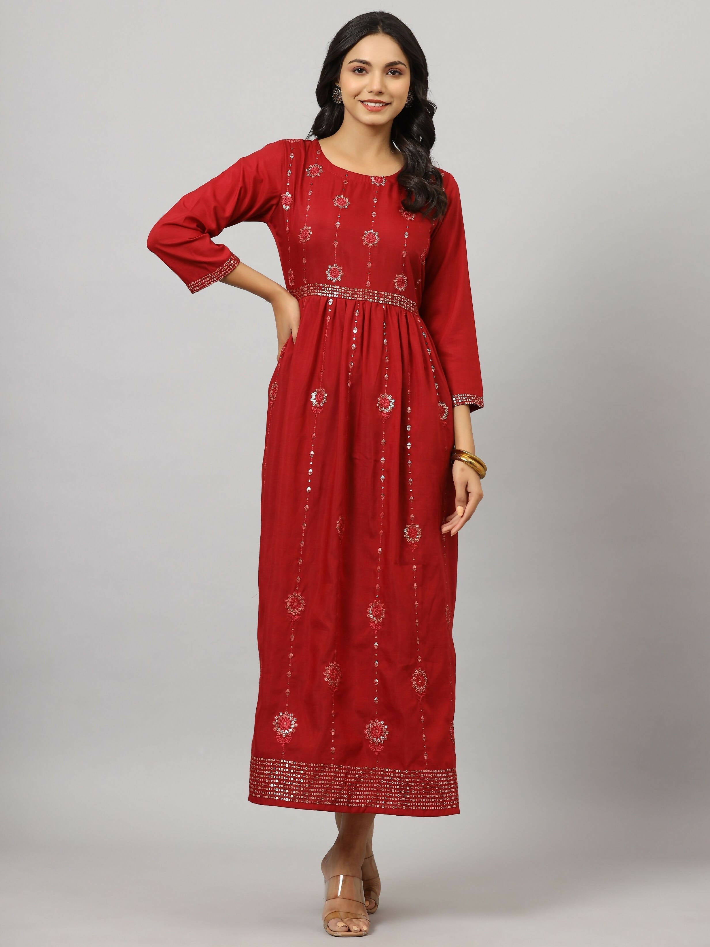 Juniper Women's Maroon Festive Printed Flared Dress | Grocsy