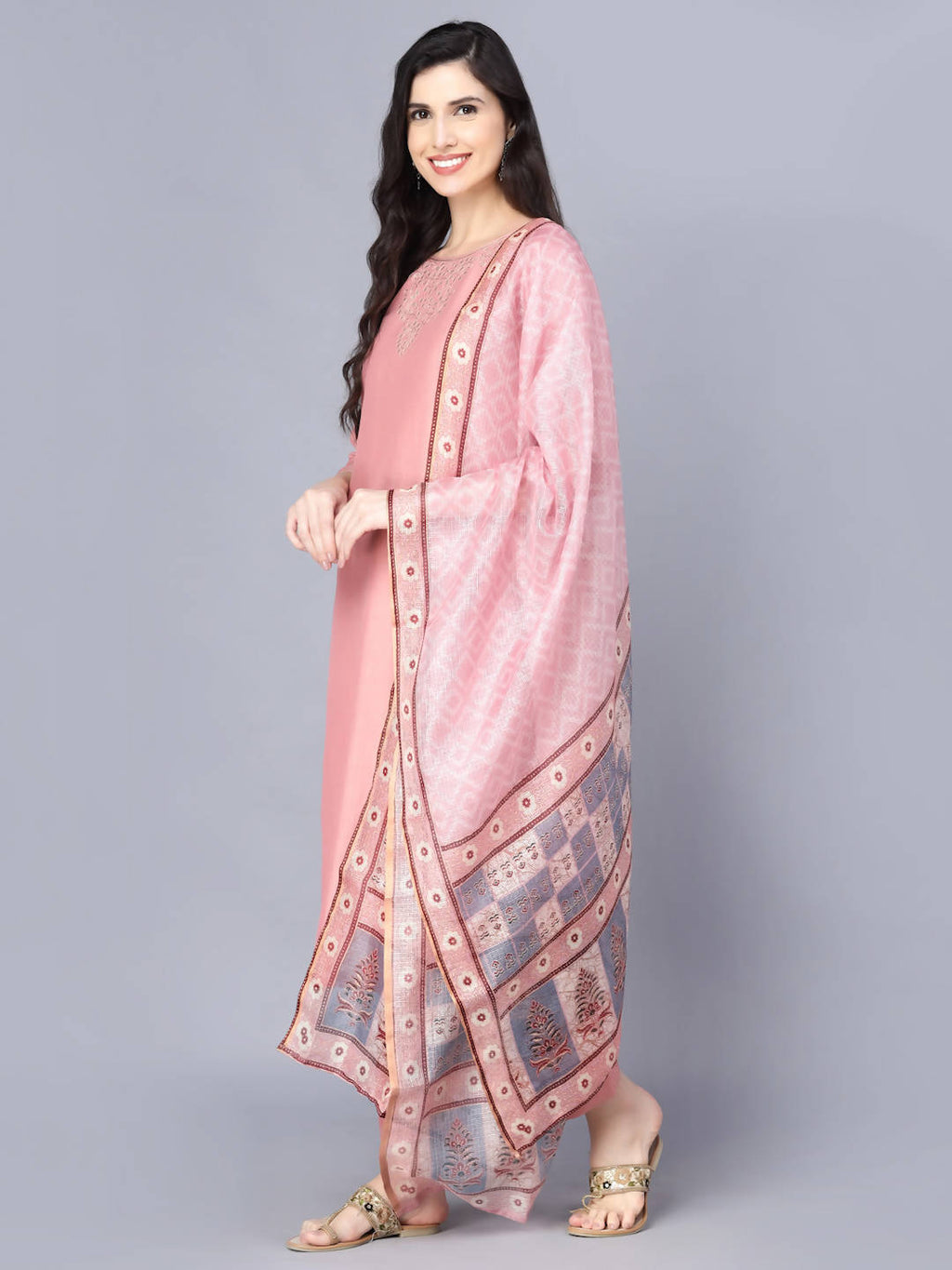 Myshka Women Peach-Coloured Layered Kurta with Trousers With Dupatta | Grocsy