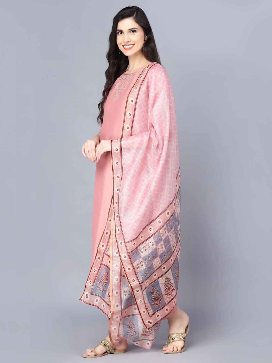 Myshka Women Peach-Coloured Layered Kurta with Trousers With Dupatta | Grocsy