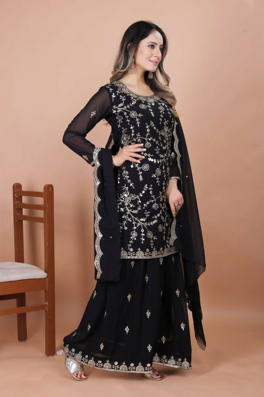 Joban Fashion Black Georgette Embroidered Sharara Set | Grocsy