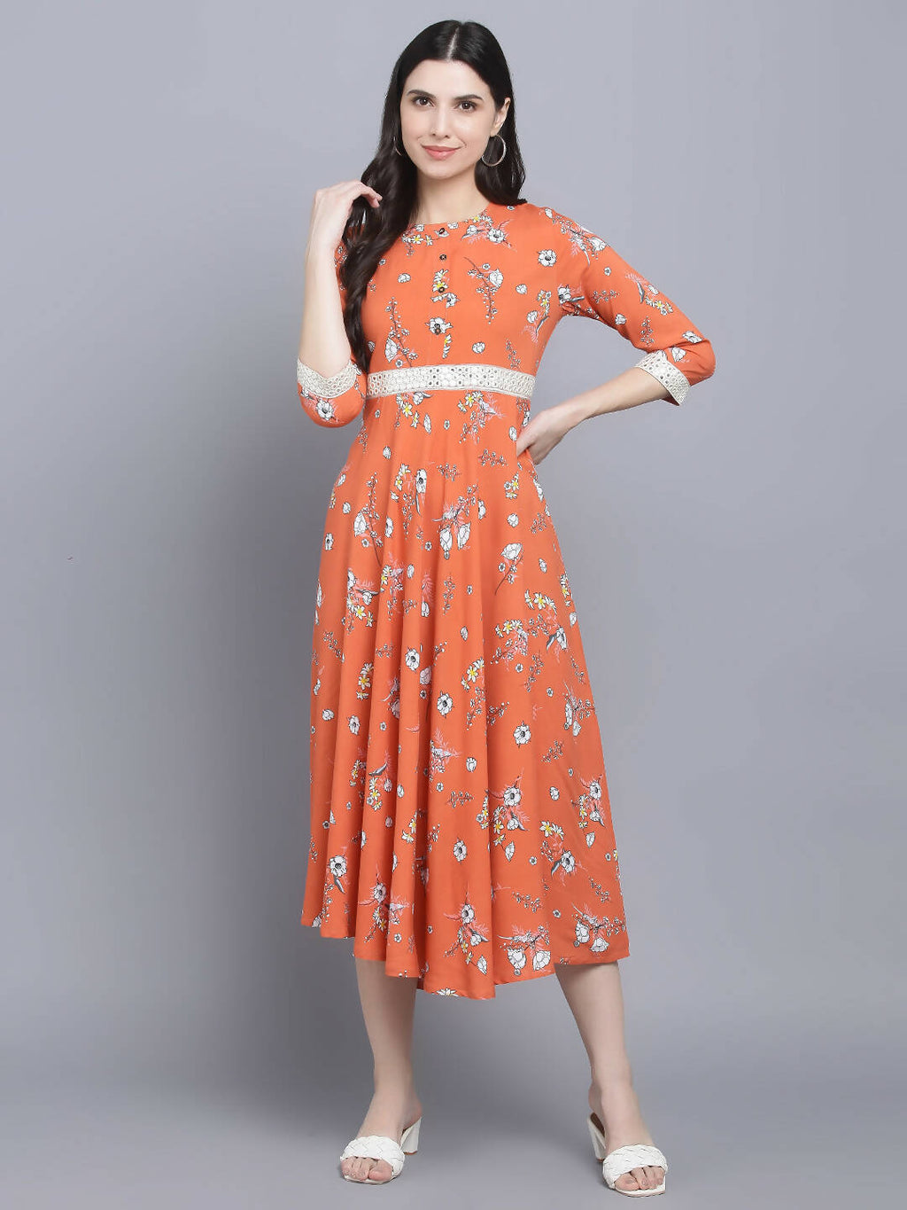 Myshka Women's Orange Floral Midi Dress | Grocsy