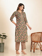 Aramya Green Kantha Cotton Floral Print Straight Kurta Set for Women | Grocsy