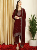 Jyoti Fashion Women's Maroon Georgette Resham Thread & Sequin Kurta with Trouser & Dupatta | Grocsy