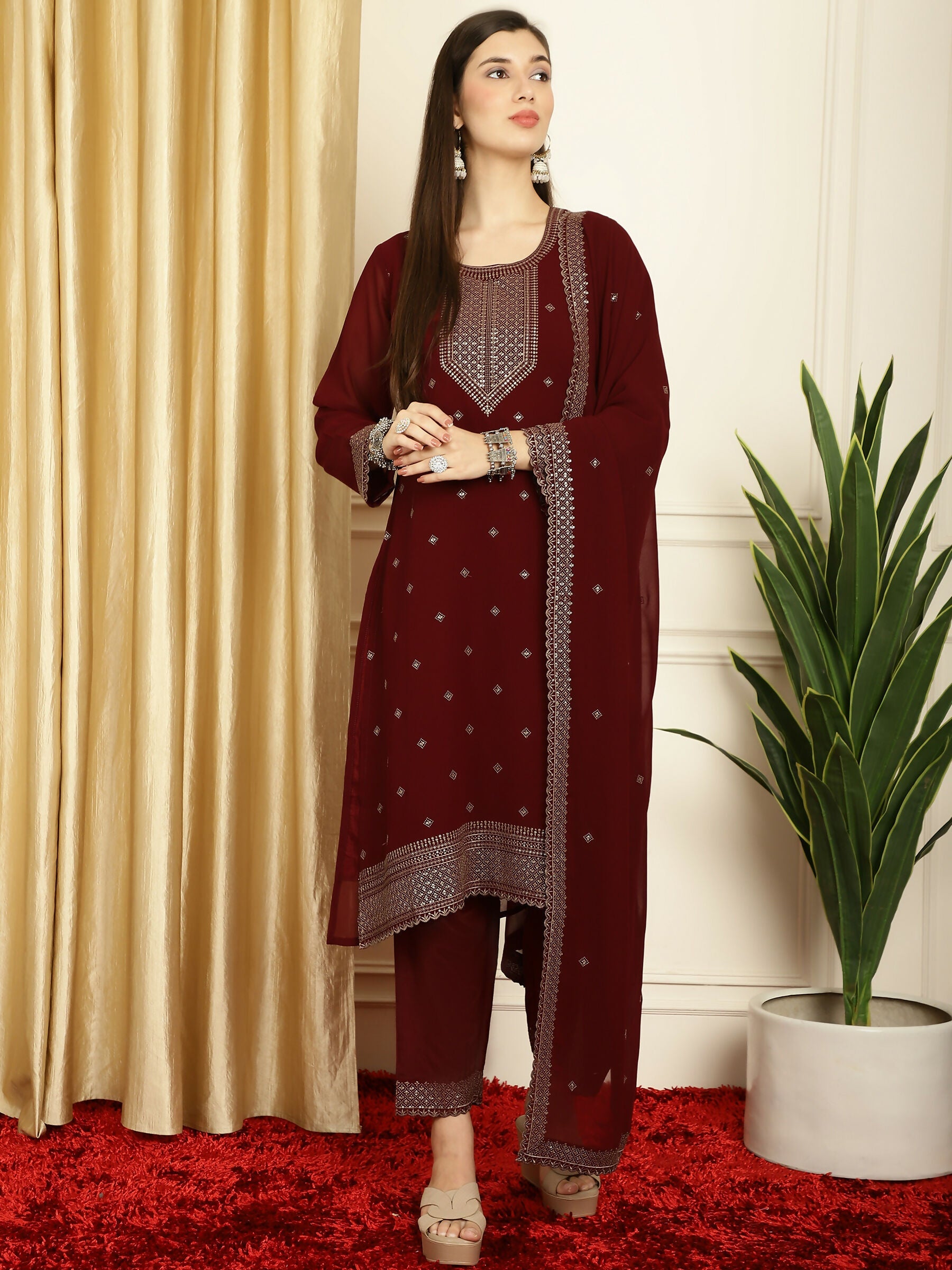 Jyoti Fashion Women's Maroon Georgette Resham Thread & Sequin Kurta with Trouser & Dupatta | Grocsy