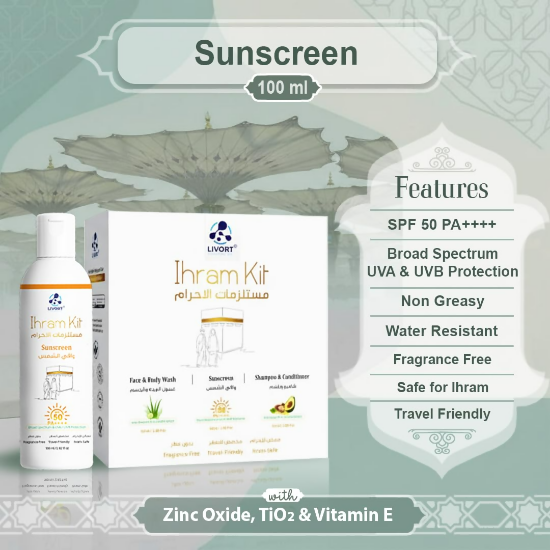 Livort Ihram Kit Hajj & Umrah Face & Body Wash Sunscreen Shampoo & Conditioner | Grocsy