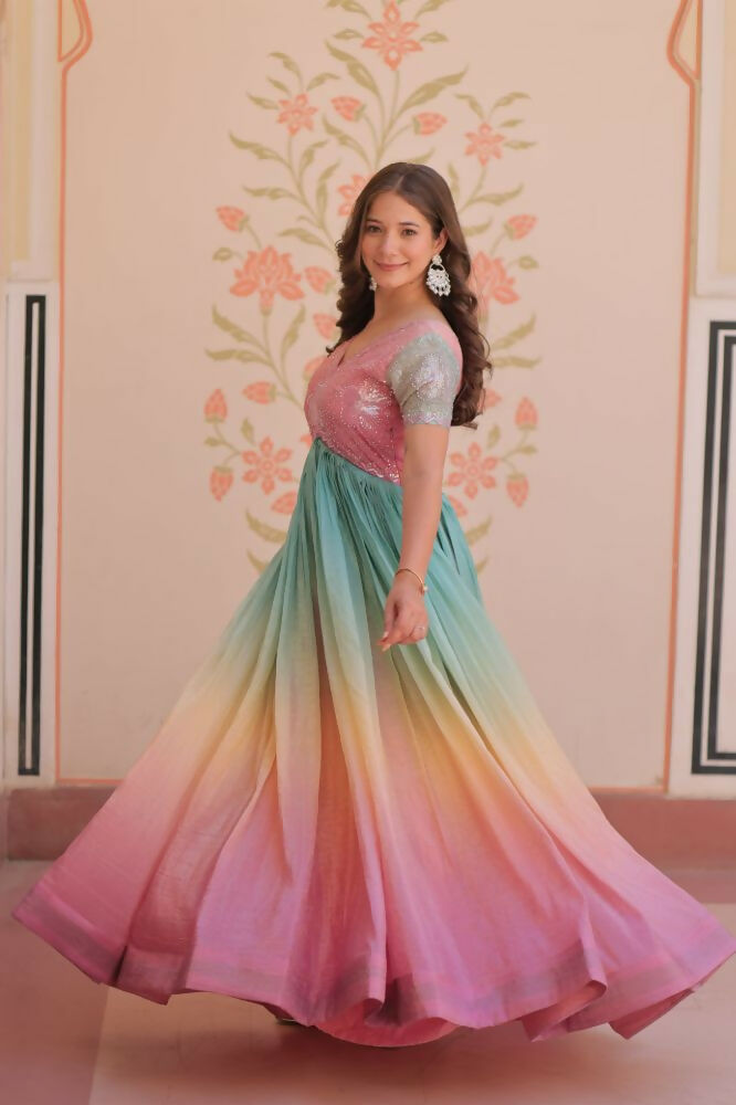 Vastranavya Lavender Gold Crush Padding With Beads Embroidered Work Gown | Grocsy