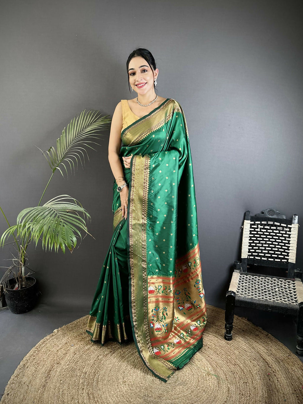 Joban Fashion Green Butti Woven Soft Lichi Silk Paithani Saree | Grocsy
