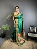 Joban Fashion Green Butti Woven Soft Lichi Silk Paithani Saree | Grocsy