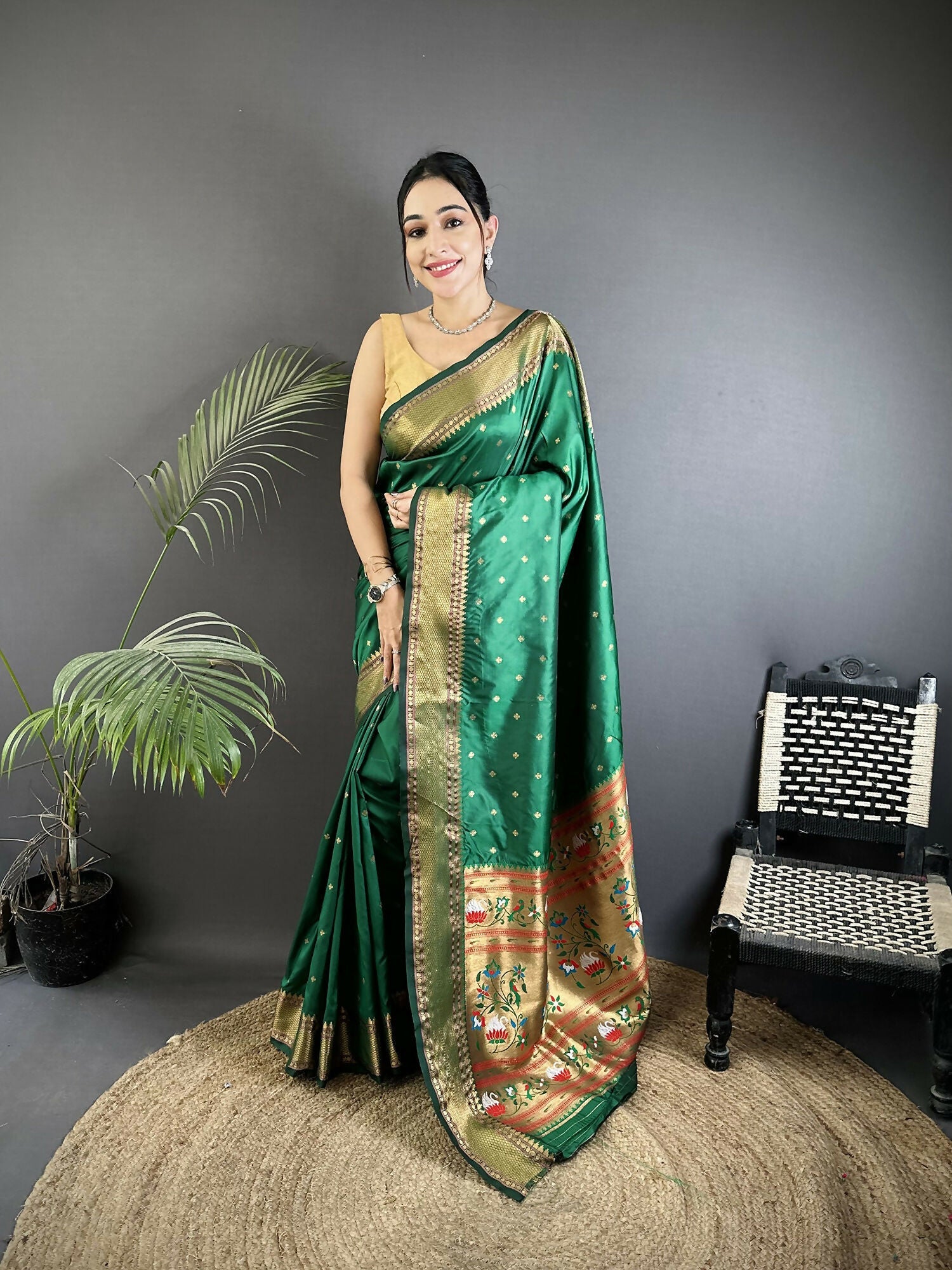 Joban Fashion Green Butti Woven Soft Lichi Silk Paithani Saree | Grocsy