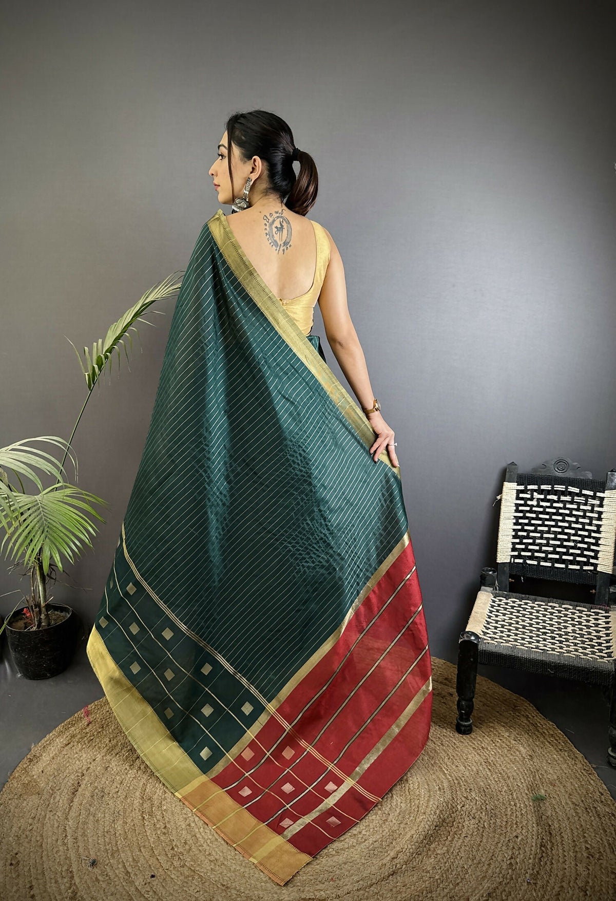 Joban Fashion Teal Bhagalpuri Cotton Silk Stripes/Box Saree | Grocsy