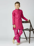 Joban Fashion Kids Island Full Sleeves Chanderi Kurta, Pyjama Set with Traditional Butta Work - Rani Pink | Grocsy