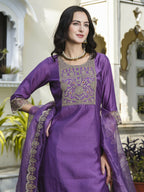 Vellora Royal Purple Silk Blend Embroidered Casual Suit for Women | Grocsy