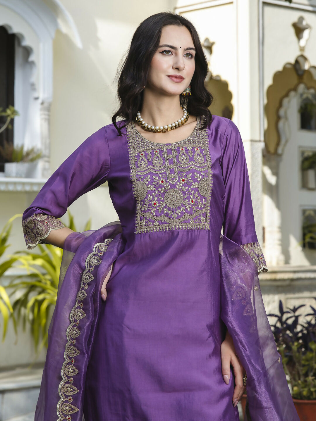 Vellora Royal Purple Silk Blend Embroidered Casual Suit for Women | Grocsy
