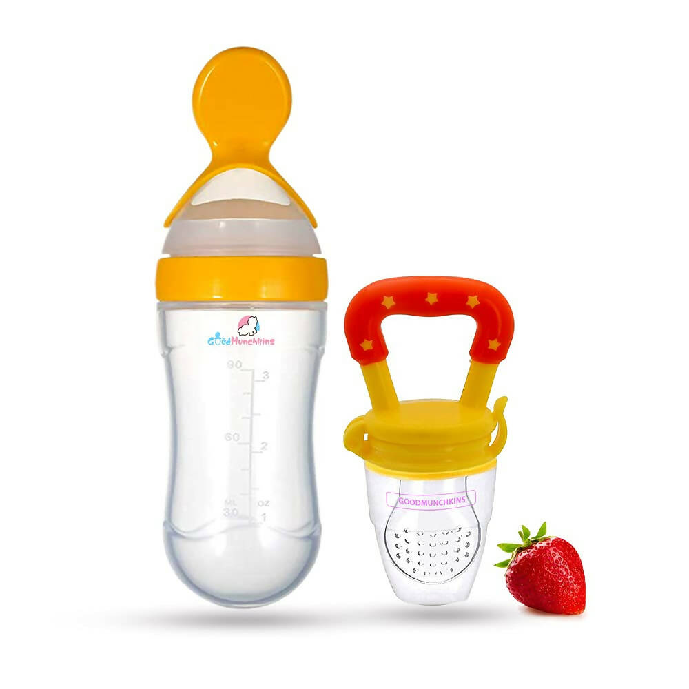 Goodmunchkins Silicone Spoon Food Feeder & Fruit Feeder for Toddlers Food Grade Silicone Bottle 90ml-Yellow | Grocsy