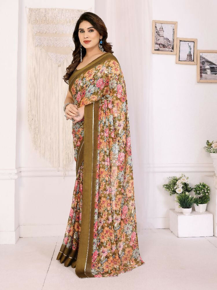 PR Fashion Cream Bright Moss Satin Patta Printed Saree | Grocsy