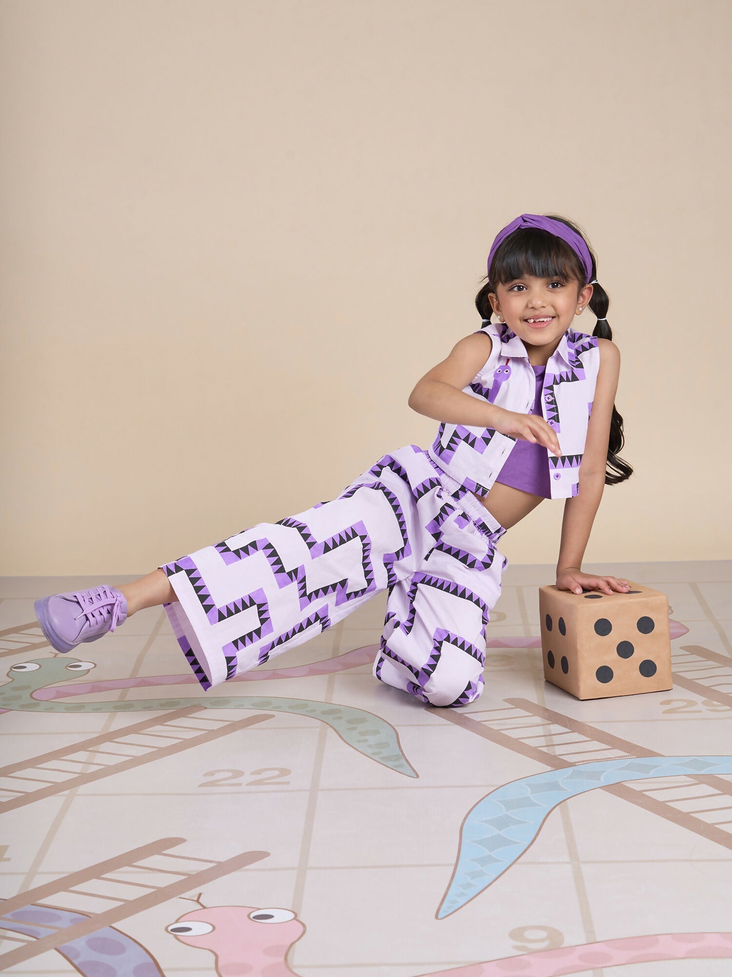 Snakes and Ladders Girls Purple Table Print Top and Pant Set from Siblings Collection | Grocsy
