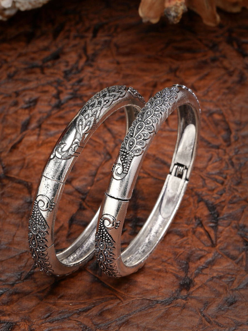 NVR Women's Silver-Toned German Silver Peacock Design Oxidised Kada Bangle