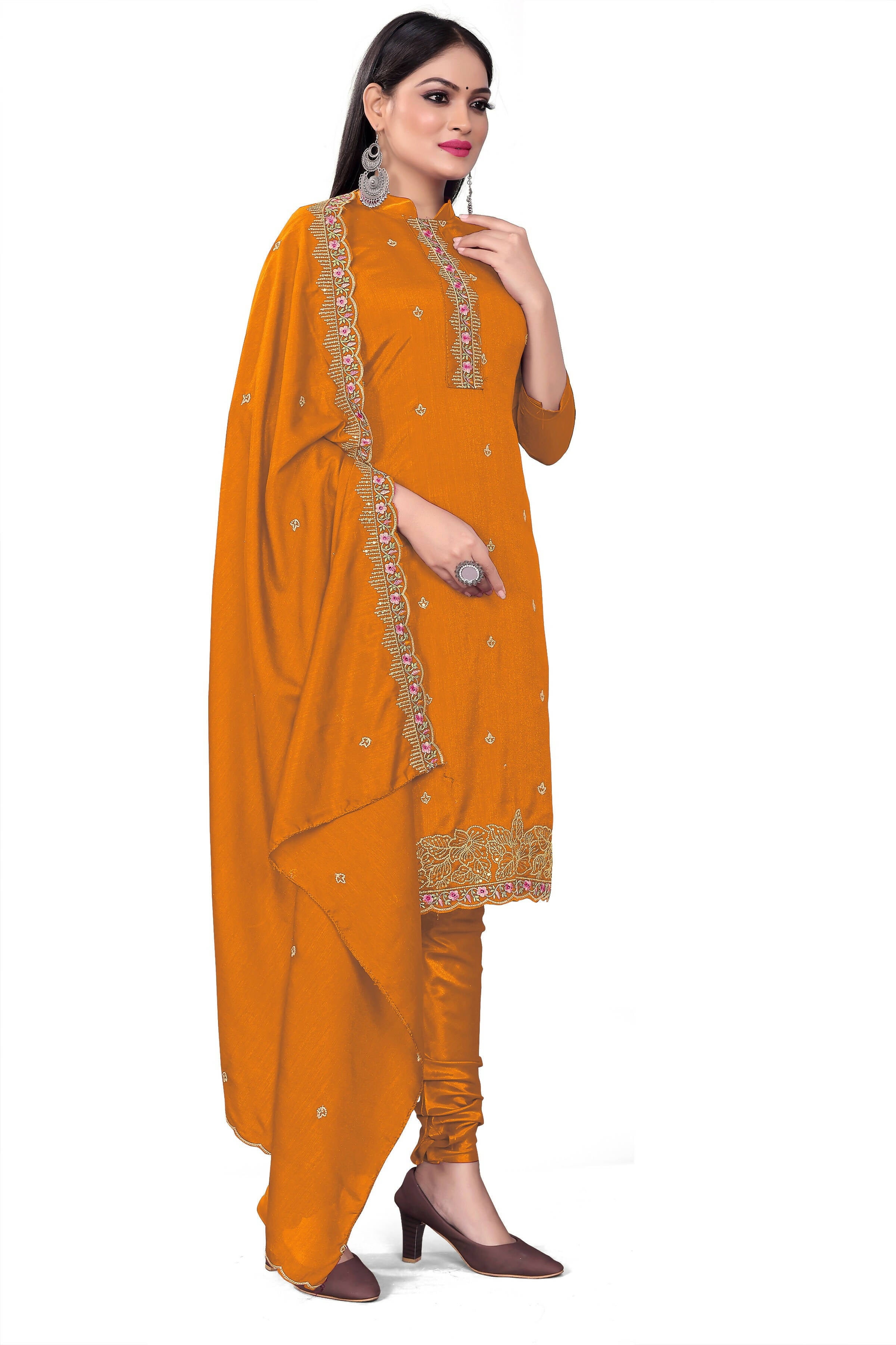 Mustard Silk Embroidered with Sequins work Unstitched Dress Material - Tanvi | Grocsy